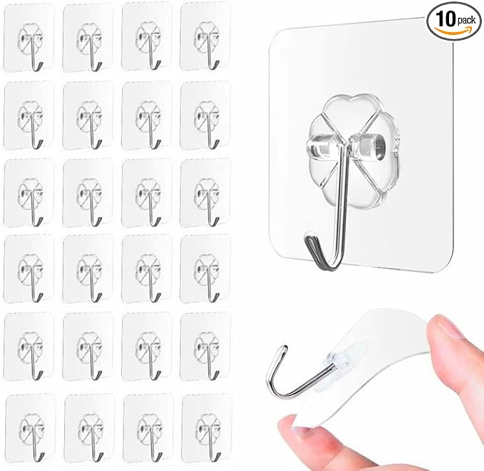 33lbs Adhesive Hooks for Hanging on Wall or Ceiling, Heavy Duty, Clear, Damage Free, Traceless, Stick on Hangers for Kitchen Bathroom, 10pcs