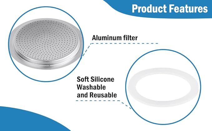 Sivaphe 9 Cup Stovetop Espresso Coffee Maker Replacement Infuser Parts Only for 450ml Aluminum Italian Moka Pot, 1 Filter and 3 Silicone Gasket Seals