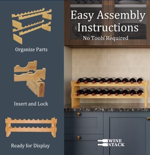 18 Bottle Bamboo Stackable Small Wine Rack for Countertop, No Tools Assembly, Durable, Wine and Liquor Bottle Storage for Small Spaces