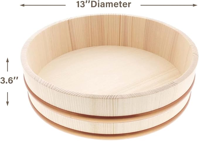 TIKUSAN Wooden Hangiri Sushi Rice Mixing Tub PP Band with Lid Made in Japan Made of Momi Fir Sushi Rice Bowl Sushi Oke (13" (33cm))