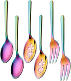 Rainbow Serving Spoons*2 Slot Spoons* 2 Forks *2 Buffet Colander Stainless Steel Banquet Set, Set of 6. Lenght 9" (6-rainbow spoon forks set)