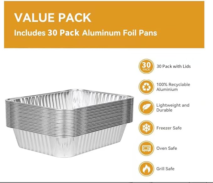 Disposable Aluminum Foil Pan, Family Size Baking Container, Deep Rectangular,9×13 Half Size,Tin Pans for Roasting,Catering,Picnic or Holiday needs (30 Pack w/Lids)