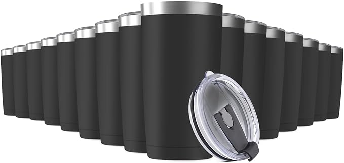 16 Pack 20oz Tumbler Vacuum Insulated Travel Mug with Lids, Stainless Steel Double Wall Bulk Cup for Home, Office, Outdoor Suitable for Vehicle Cup Holders (Black)