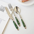 20-Piece Silverware Set, 304 Riveted Stainless Steel Flatware Set, Service for 1, Vintage Cutlery Set with Green Bakelite Handle, Mirror Polished | Rustic | Dishwasher Safee