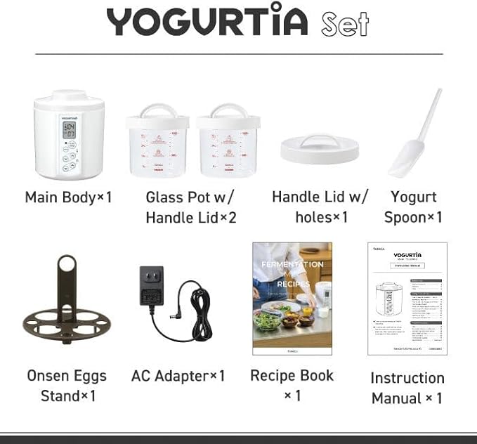 [TANICA] YOGURTiA Fermented Food Maker (1.1L, White, Made in Japan) - Yogurt, Miso, Amazake, Soy Sauce Koji, 2 Glass Pots + Onsen Eggs Stand + Recipes
