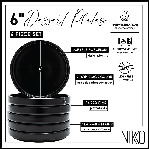 Vikko Dessert Plate, Set of 6 Elegant Dessert Plates with Rim, Black, Porcelain, Stackable 6 Inch Dessert Plates, Dishwasher Safe