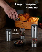 FORLIM Electric Salt and Pepper Grinder Set, USB Rechargeable, Automatic Salt Pepper Mill Grinder with Dust Cover, One-Button Control, Adjustable Coarseness, Warm LED Light (2 Packs, Stainless Steel)