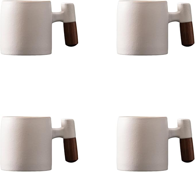 2-Oz Ceramic Espresso Cups with Wood Handle, 2/4-Piece Set for Coffee, Tea, Latte - Dishwasher Safe, Multi-Color & Wood Styles, Gift & Café Use (white, Wooden Handle4)