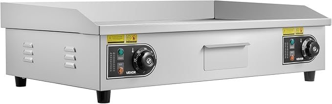 VEVOR Commercial Electric Griddle, 28.54 x 15.75 inches, 4400W, 122-570°F Adjustable Temp Control, Stainless Steel Body, Half Grooved Half Flat, with 2 Spatulas, 2 Brushes, and 4 Foot Pads, for Steak