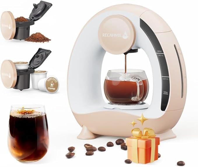 Single Serve Coffee Maker For K Cup Pod and Coffee Grounds /Tea, Fast Brew in 2 minutes, 2 IN 1 One Button Coffee Machine 4-8 Oz Brew Sizes, Stylish＆Compact For Home, Office, RV and Dorm, Champagne