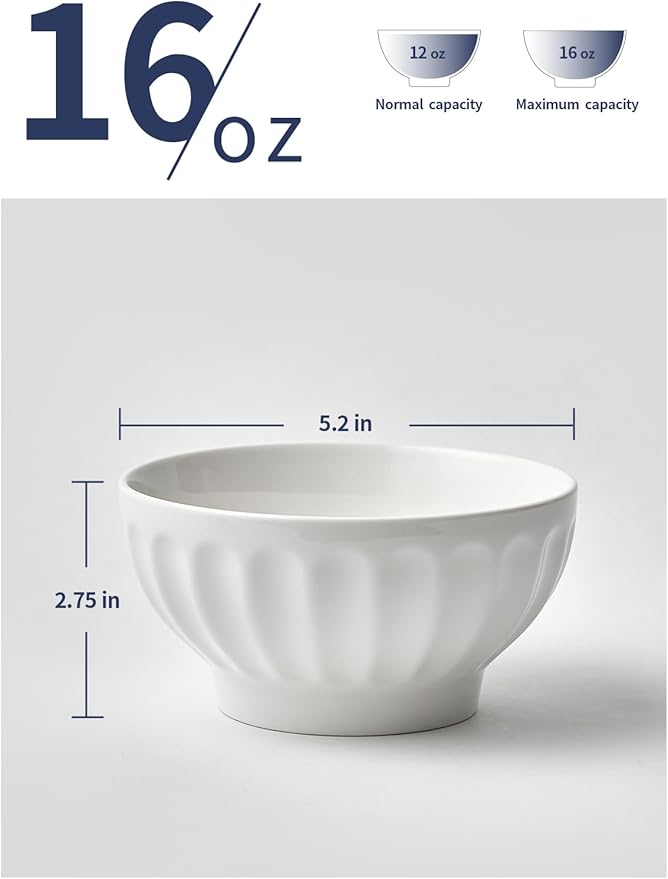 16 OZ Ceramic Soup/Cereal Bowls - White Bowls Set of 6 -Round Bowls for Cereal, Soup, Ice Cream, Fruit, Pasta, Salad, Rice - Dishwasher & Microwave Safe