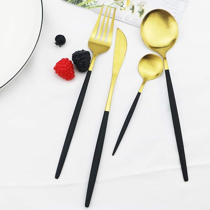 JASHII Silverware Set, 24-Piece Stainless Steel Flatware Set,Kitchen Utensil Set Service for 6,Tableware Cutlery Set for Home, Dishwasher Safe (Matte Black handle gold)