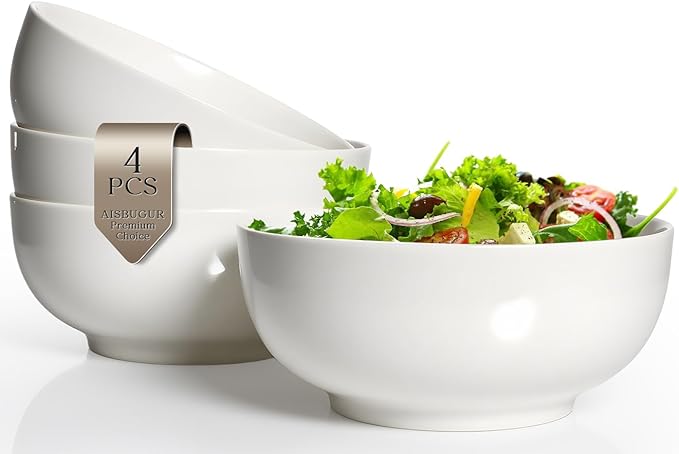 AISBUGUR 42 OZ Large Soup Bowls,Porcelain Salad Bowls Set of 4,Pho Bowls for Soup,Salad,Cereal,Pasta,Fruit,White Bowls Set for Dishwasher & Microwave Safe