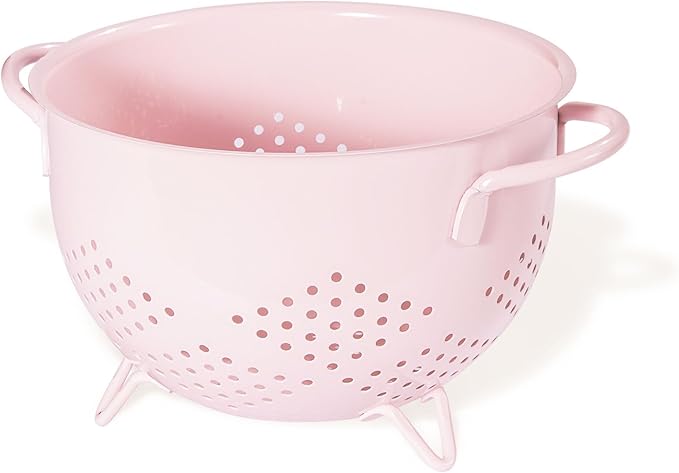 Metal Colander 5 Quart Powder Coated Self-draining Metal Strainer with Base,Kitchen Pasta Fruit Vegetable Basket with Double Handles (Pink)