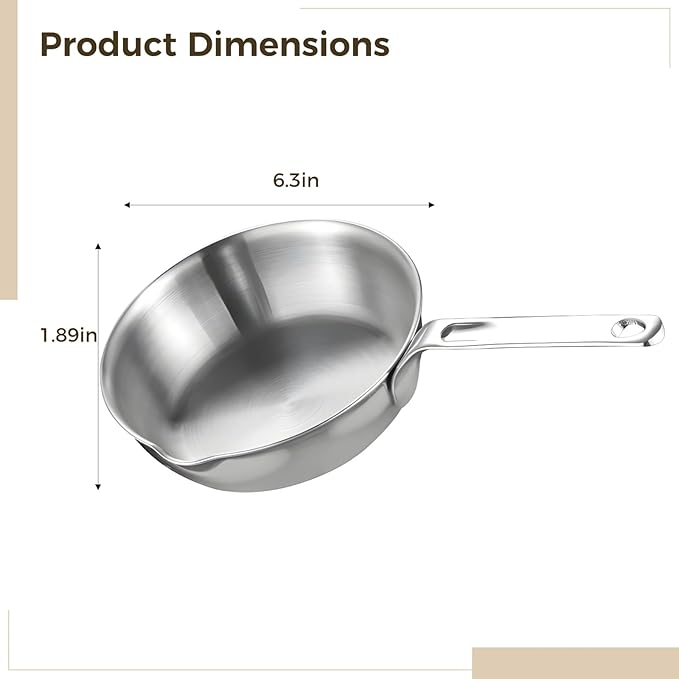 Stainless Steel Butter Warmer - 6.3 Inch Tri-Ply Mini Omelette Egg Frying Pan Induction Sauce Pan with Ergonomic Handle for Butter, Eggs, Milk & Small-Scale Cooking