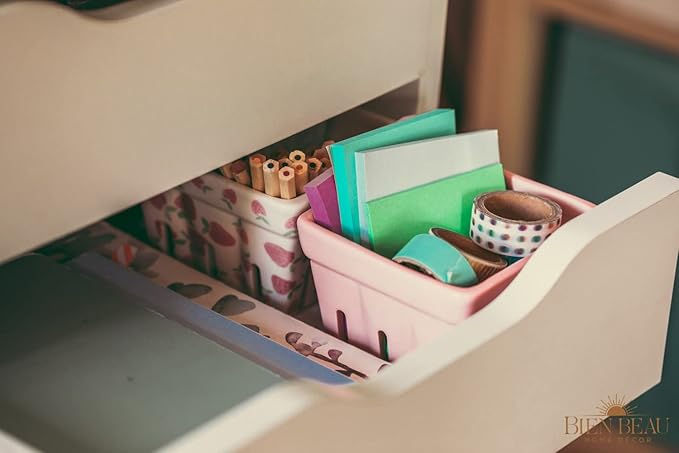 Ceramic Berry Basket, Farmhouse Colander, Strawberry Decor, Fruit Bowls, Fruit Baskets, Kawaii Strawberry Kitchen bowl, Pink White and Cute Strawberry pattern Stoneware Harvest Square Bowls Set of 4