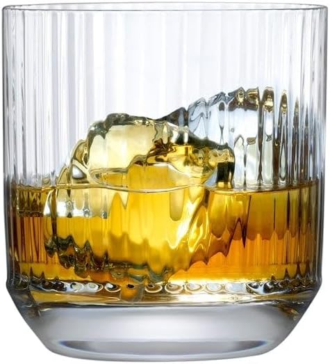NUDE Whiskey Glasses Set of 4 DOF – 10.75 oz Premium Lead-Free Crystal Old Fashioned Rocks Glasses for Whisky, Scotch & Bourbon – Etched Linear Pattern, Dishwasher Safe Barware