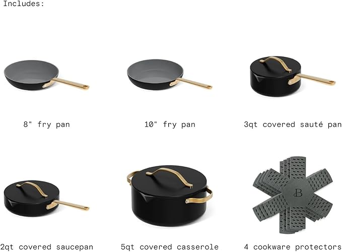 Beautiful 12pc Ceramic Non-Stick Cookware Set by Drew Barrymore, Pots & Pans with Lids, Dishwasher‑Safe,Soft‑Touch Handles, Even‑Heat Base.