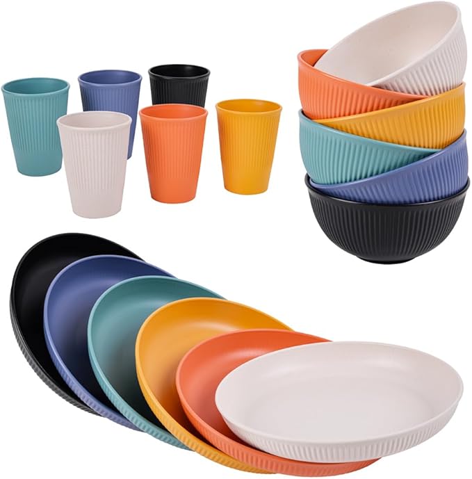 18pcs Wheat Straw Dinnerware Sets HXYPN Unbreakable Dinnerware Set Kitchen Plates and Bowls Set Plastic Plates Reusable Dishwasher and Microwave Safe