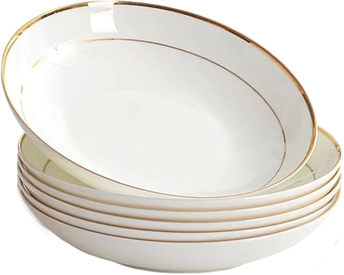 White Ceramic Pasta Bowls Set of 6 Porcelain Dishes Dinner Plates Shallow Soup Bowl 8 Inch Kitchen Dinnerware
