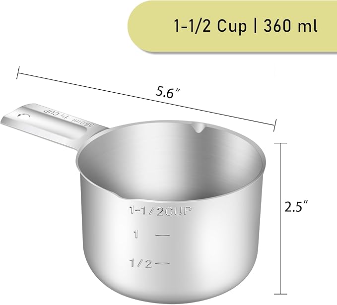 2PCS 1-1/2Cup (360ml, 12oz) Single Measuring Cup, Stainless Steel Measure Scoop, Metric and US Measurement, Dishwasher Safe