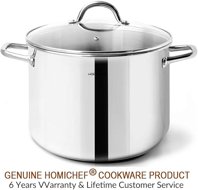 HOMICHEF Stock Pot 8 Quart with Lid Nickel Free Stainless Steel - Mirror Polished Stockpot 8 QT with Lid - HEALTHY COOKWARE Stockpots 8 Quart - Soup Pot for Induction Cooktop