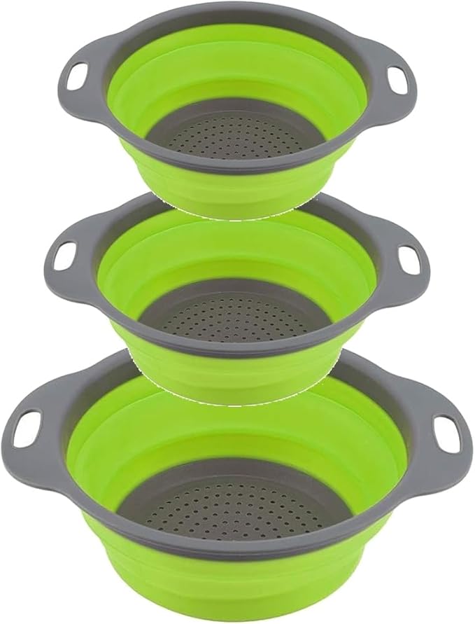 Collapsible Colander Set of 3 Round Silicone Kitchen Strainer Set 1 pcs 7 Quart, 1 pcs 4 Quart,1 pcs 2 Quart Perfect for Draining Pasta, Vegetable and fruit for Kitchen and Travel Use (Round)