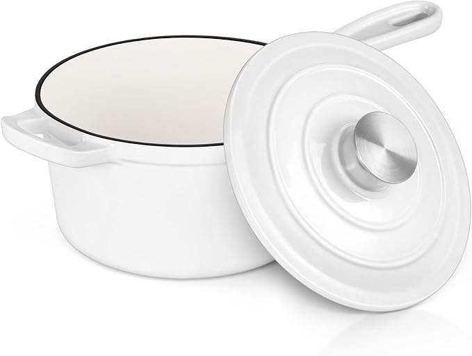 E-far Enameled Cast Iron Sauce Pan with Lid, 1 Quart Dutch Oven Saucepan, Mini Sauce Pot for Cooking, Boiling, Healthy & Non Toxic, Induction & Oven Safe, White