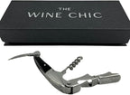 The Wine Chic Premium Professional Corkscrew Wine Opener with Elegant Wood Handle, Manual Wine Key with Foil Knife and Cap Bottle Opener for Bartenders, Waiters and Sommeliers (Black)