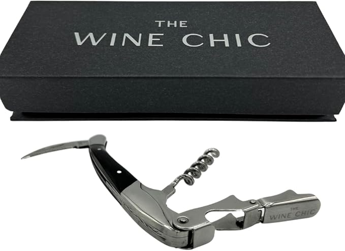 The Wine Chic Premium Professional Corkscrew Wine Opener with Elegant Wood Handle, Manual Wine Key with Foil Knife and Cap Bottle Opener for Bartenders, Waiters and Sommeliers (Black)