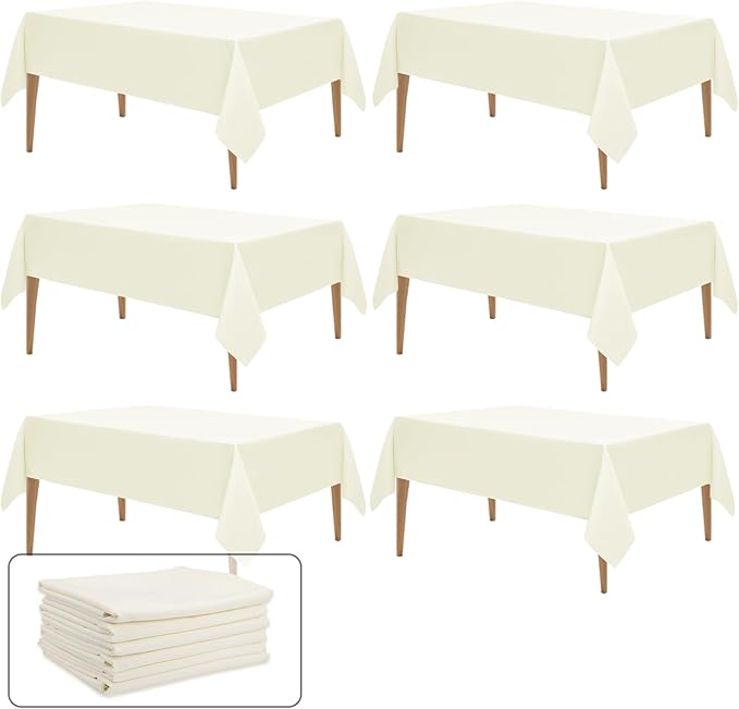 WIGENIUS 6 Pack Ivory Table Cloth Rectangle 60x84 Inch Polyester Tablecloths for 5ft Rectangle Tables - Reusable Wrinkle Resistant Washable Cloth Cover for Wedding Banquet Party | Hemmed Edges