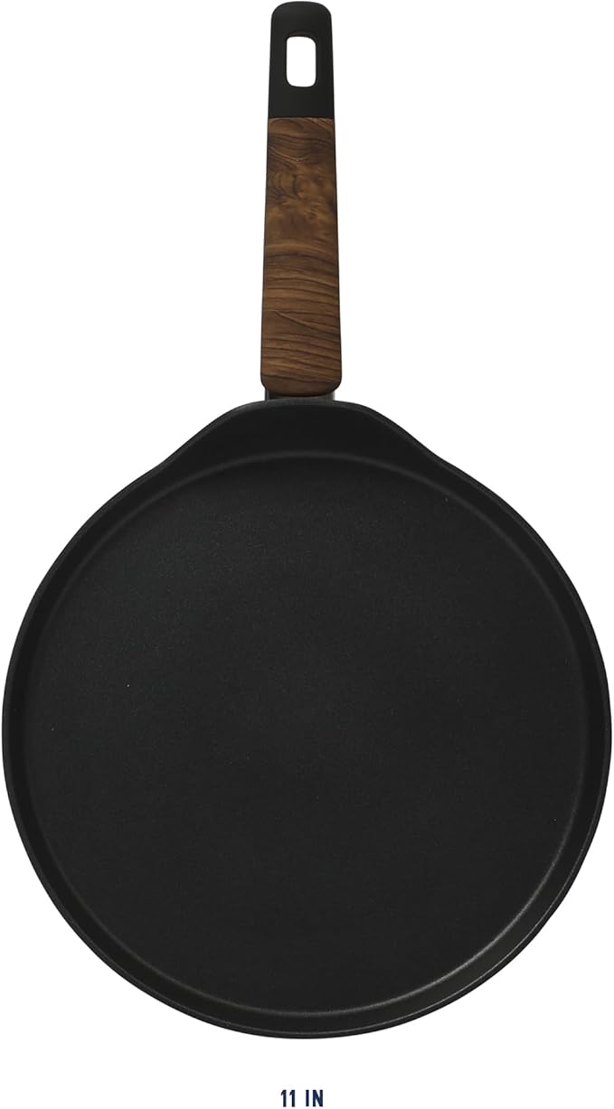 Oster Platinum Oxburg 11 Inch Frying Pan/Comal/Flat Pancake Pan Forged Aluminum PFA Free Non-toxic Premium Ceramic Non Stick Interior Skillet, Kitchen Egg Pan, Omelet Pan - Black w/Wood Handles