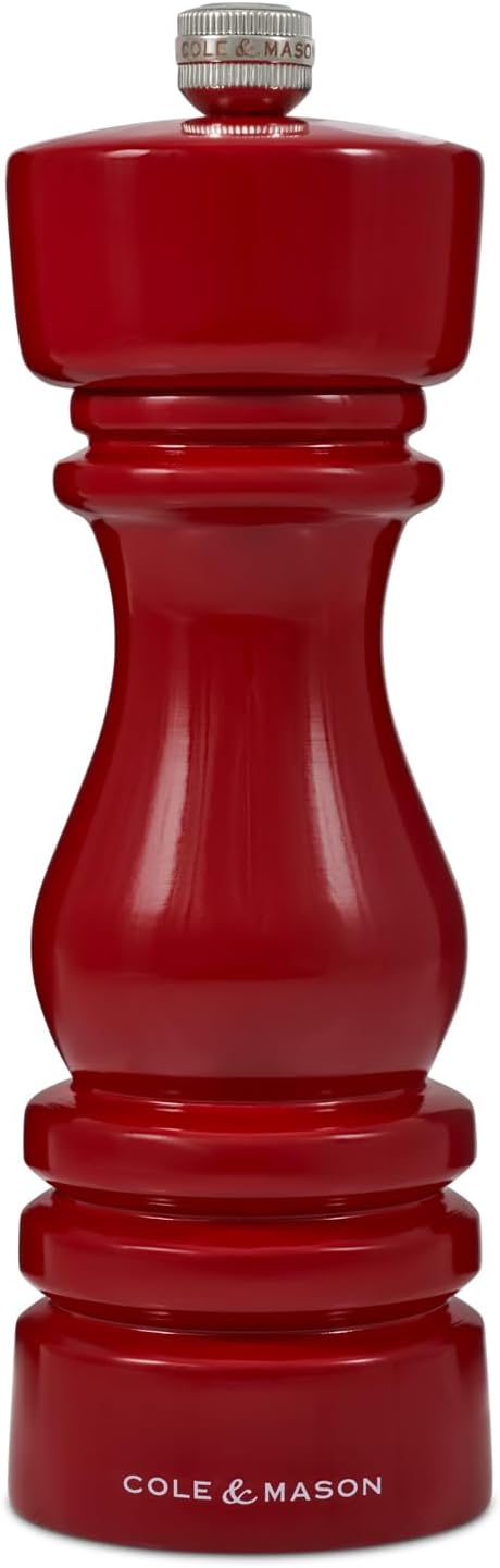 Cole & Mason London Refillable Spice Mill - Kitchen & Home Accessory - Table Black Pepper Grinder - Pepper Mill with Carbon Steel Mechanism - 7", Red Gloss