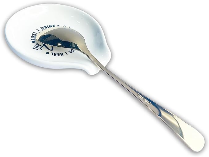 Coffee Spoon Rest with spoon, Mini Coffee Spoon Holder for Coffee Stirrers, Teaspoon, Coffee Bar Accessories, (White Coffee Spoon Rest with Pattern & Gold Ellipse Spoon)