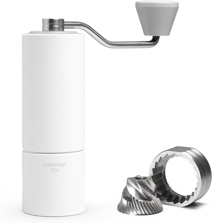 TIMEMORE Manual Coffee Grinder Stainless Steel Conical Hand Grinder Burr Chestnut C2S Internal Adjustable Setting Capacity 20g Pour Over Mocha Coffee for Travel, Camping, Home White
