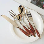 Silverware Set For 8 with Two Rivets, Vintage 40-Piece Everyday Flatware Set with Wood Grain Bakelite Handle, Stainless Steel Cutlery Set, Dishwasher Safe, Knives Spoons and Forks Set