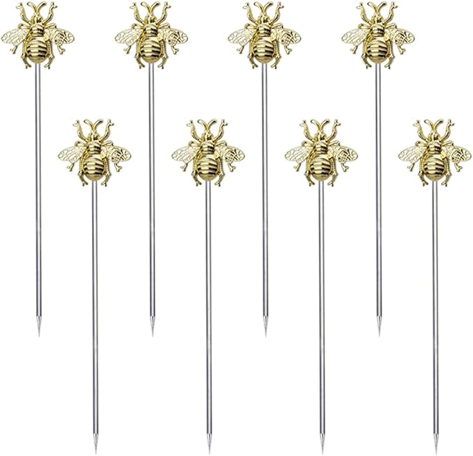 8 PCS bees cocktail Reusable picks，Stainless Steel Cocktail Picks for Appetizers Olives Brandied Cherries Skewers