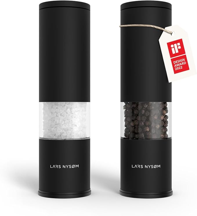 LARS NYSØM Salt and Pepper Grinder Set 2 pieces I Salt Pepper Mill with Adjustable Ceramic Grinder I Design Spice Grinder Set Manual (Carbon Black)
