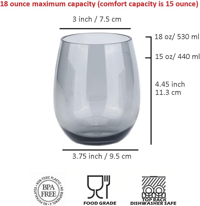 KOXIN-KARLU Classic 18-ounce Acrylic Stemless Wine Glasses, Unbreakable Mixed Drinkware Plastic Tumbler, set of 6 Grey