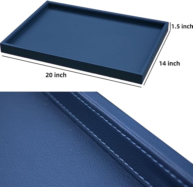 20x14 Inch Rectangular Ottoman Tray | Textured PU Leather, Waterproof & Heat-Resistant Storage for Coffee/Dining Tables, Sofa, Bed, Entertainment & Party (Navy Blue, 20 * 14in)