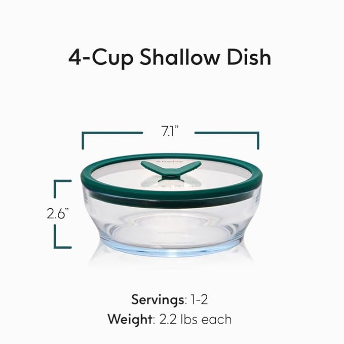 Anyday 2-Pack (4-Cup Shallow) Glass Food Storage with Glass Lids | Plastic-Free Meal Prep & Microwave Cookware | Stackable Airtight Storage Container with Vented Lid for Microwave-Safe Reheating
