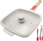 Griddle Pan with Lid, 10 Inch Cast Aluminium Non Stick Steak Pan with Detachable Handle for Induction Hob, White