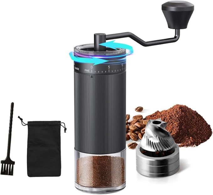 Hand Coffee Grinder Conical Burr for Espresso French Press Pour Over Double Bearing External Adjustment Capacity 25g (Stainless Steel Burr-Black)