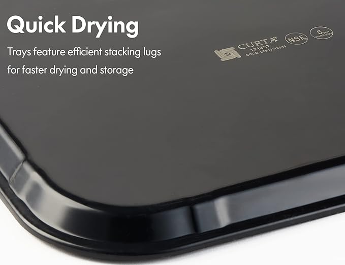 CURTA 2-Pack Restaurant Grade Non-Slip Tray, NSF, 22 Inch x 16 Inch, Plastic Rubber Lined Rectangular Serving Tray, Black