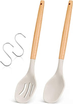 Large Silicone Cooking Spoons, 2 Pack Nonstick Solid and Slotted Wooden handle Spoon Set, Heat Resistan Silicone Kitchen Spoons for Cooking, Serving, Basting, Mixing (Khaki)