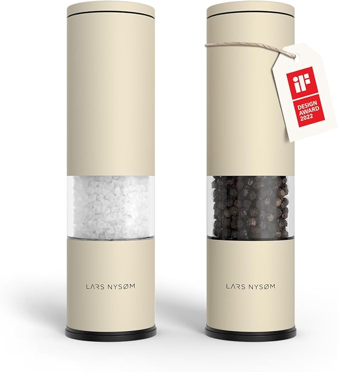LARS NYSØM Salt and Pepper Grinder Set 2 pieces I Salt Pepper Mill with Adjustable Ceramic Grinder I Design Spice Grinder Set Manual (Almond Beige)