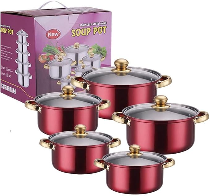 10PCS Stainless Steel Cookware Sets Nonstick Cookware Pot Dishwasher Safe Pots with Glass Lids for Soup, Pasta, Stew, Rice, Healthy Everyday Use for Gas Electric Halogen Ceramic Induction Hobs 06