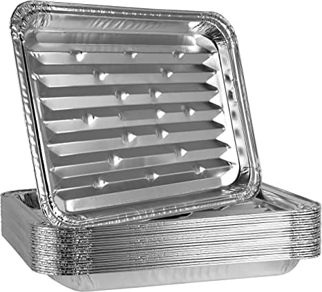 PLASTICPRO 10 Pack Disposable Aluminum Grill Liners Toppers Aluminum Foil Broiler Pans Durable Ribbed Grill Drip Pans 9x13