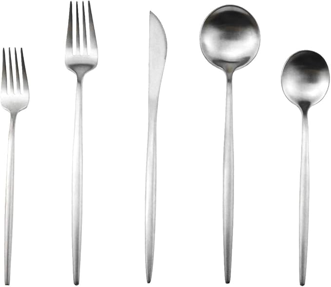 Matte Silver Silverware Set,Gugrida 5-Piece 18/10 Stainless Steel Satin Finish Flatware Set,Kitchen Utensil Set,Tableware Travel Cutlery Set for Camping Office or School Lunch, Dishwasher Safe