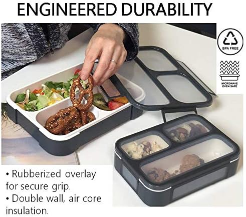 Bento Lunch Box with Bag and Ice Pack Set | Bento Box Adult Lunch Box | 3 Compartment Boxes, Insulated Bags for Work School | Containers for Teens Adults Boys Kids Lunches | Grey Black Large Kit